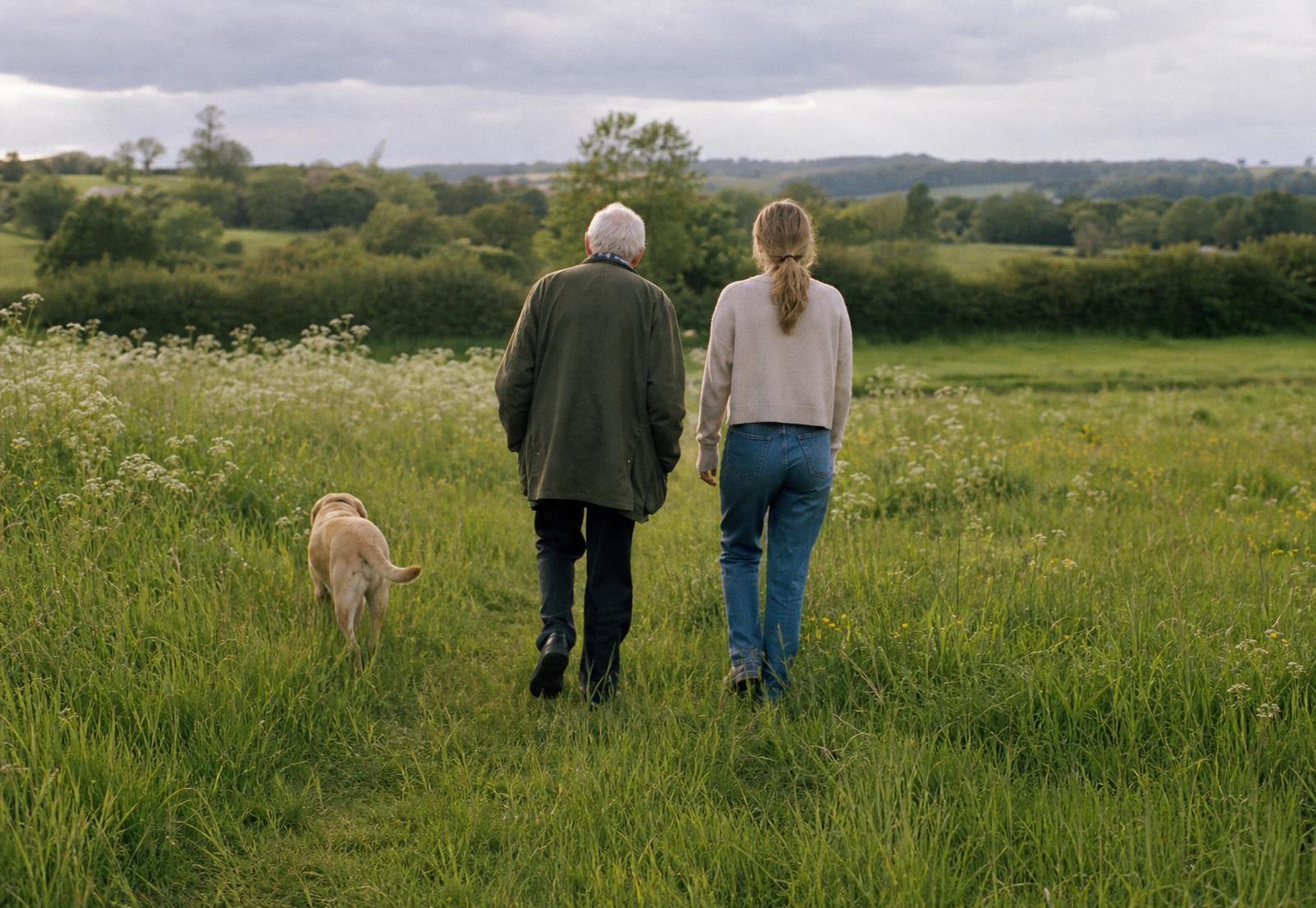 An older man and a young woman walking together through a sunlit meadow with a dog