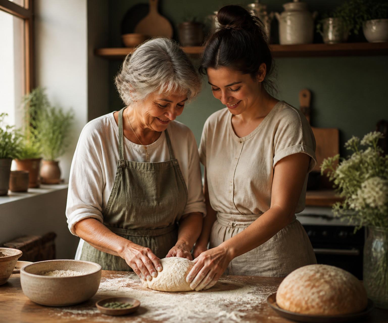 A younger woman and an older woman baking bread together in a warm, sunlit kitchen
